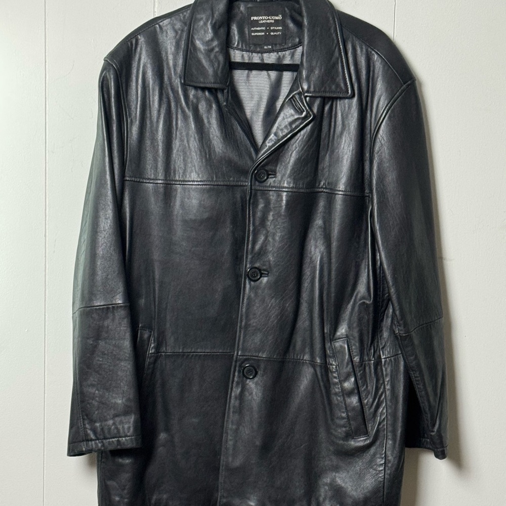 Pronto Uomo Men’s Black 100% Leather Button Down Trench Coat Size XL